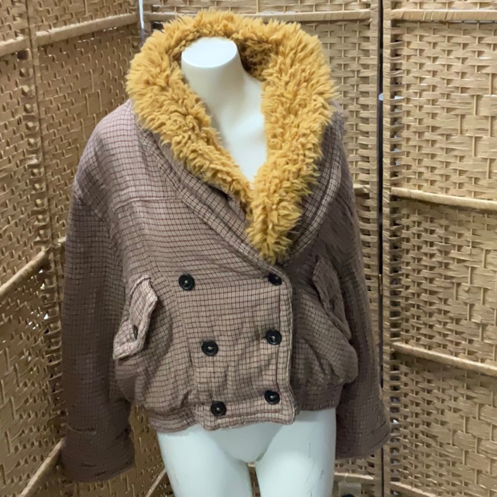 Free People Tan Teddy Jacket with Faux Fur Collar